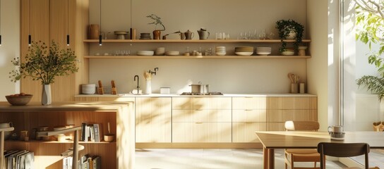 Modern Nordic kitchen interior with light wood open shelving