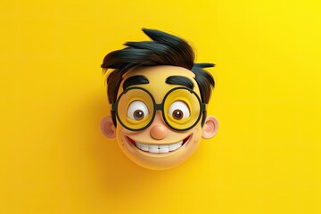 a funny cartoon boy with glasses on his face, A man wearing glasses on his face with yellow background.