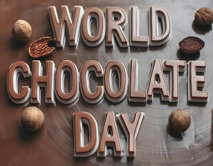 A poster for world chocolate day with chocolates in the background