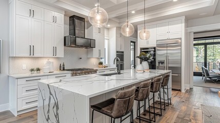 Sophisticated luxury kitchen featuring marble countertops, stateoftheart appliances, and a spacious island with stylish bar stools