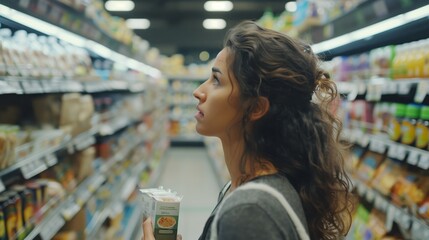 Informed Consumer Behavior: Woman Comparing Grocery Products for Nutrition, Prices, Ingredients