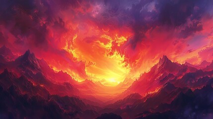 Fototapeta premium Stunning sunset behind a mountain range, with the sky ablaze in shades of red and purple, casting a warm glow over the landscape