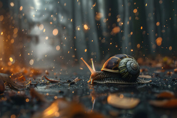 Snail walking on the ground, walking slowly between wet leaves between points of lights