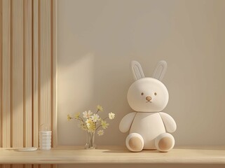 Soft bunny toy sitting by a vase of flowers.