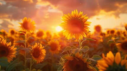 Sunset over a sunflower field, with warm orange and pink hues lighting up the sky and the sunflowers glowing in the soft light