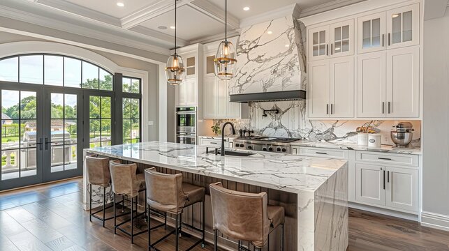 Sophisticated luxury kitchen featuring marble countertops, stateoftheart appliances, and a spacious island with stylish bar stools