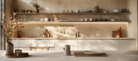 Modern Nordic kitchen interior with light wood open shelving, integrated lighting, and a neutral color palette