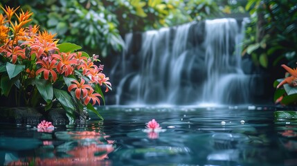 Naklejka premium Vibrant rainforest scene with exotic plants, colorful flowers, and a serene waterfall cascading into a clear pool