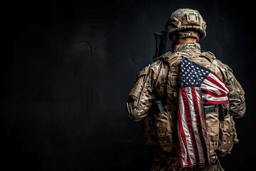A soldier dressed in full military gear with an American flag draped over his shoulder stands against a dark background. The image captures the essence of duty, pride, and patriotism