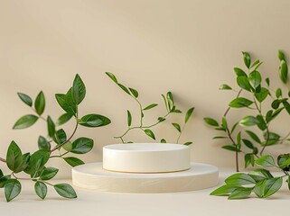 Elegant minimalist decor with a round pedestal and green leaves, ideal for modern design and lifestyle content