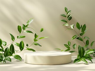 Minimalist pedestal with green leaves in soft natural light, perfect for themes of nature, simplicity, and modern decor