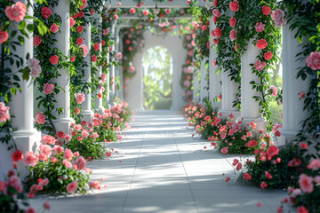 Fototapeta premium A sunlit garden pavilion adorned with climbing vines and fragrant blooms, where the tranquility of nature fosters creative thought. Concept of botanical inspiration. Generative Ai.