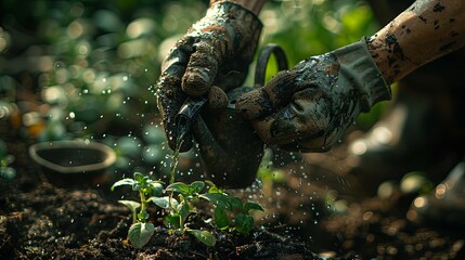 Female hands in gardening gloves with a watering can in the background, in a closeup shot. 