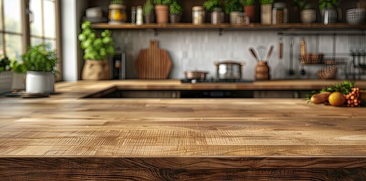 Rustic wooden countertop with a view of a modern kitchen and garden, perfect for home decor and culinary themes