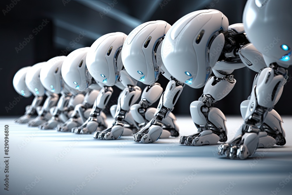 Poster a group of white tiny robots are standing on factory