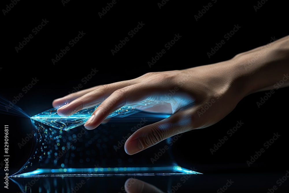 Poster hand gesture on dark background with network signal touching hands