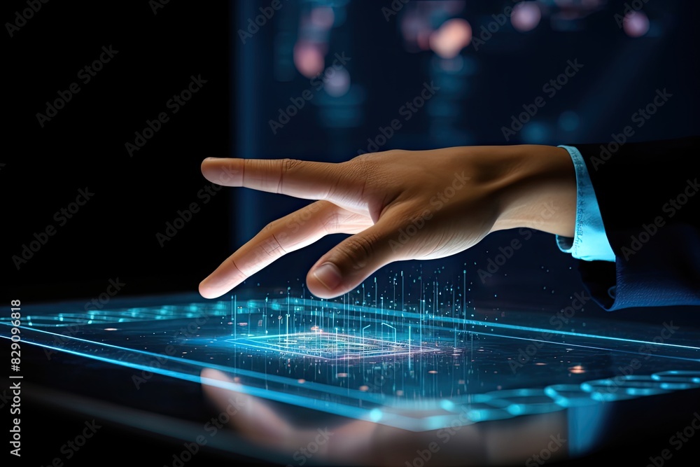 Poster hand gesture on dark background with network signal touching hands