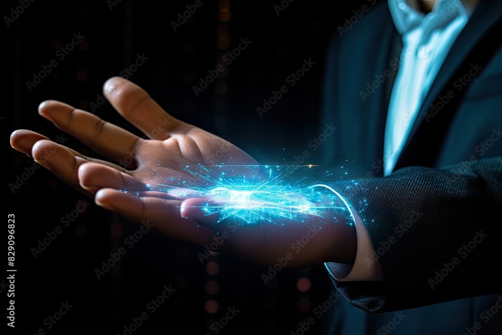 Poster hand gesture on dark background with network signal touching hands