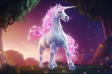 Beautiful magical 3d unicorn on dreamy world with pastel color, White and pink unicorn realistic image