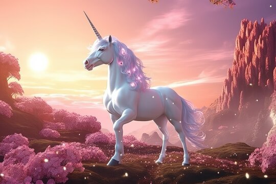Beautiful magical 3d unicorn on dreamy world with pastel color, White and pink unicorn realistic image