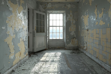 Obraz premium A forgotten asylum with peeling paint and barred windows, where echoes of past suffering linger in the stale air. Concept of institutional despair. Generative Ai.