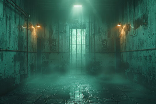 A desolate prison yard bathed in harsh fluorescent light, where inmates shuffle listlessly amidst the concrete walls and razor wire. Concept of incarcerated anguish. Generative Ai.