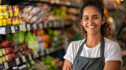 Smiling Woman Worker in Retail Market Setting