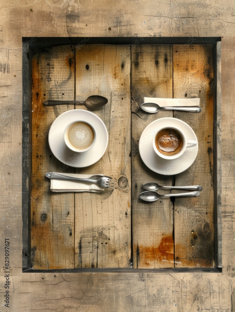 Poster two cups of coffee placed on a wooden table with plates and spoons. generative ai