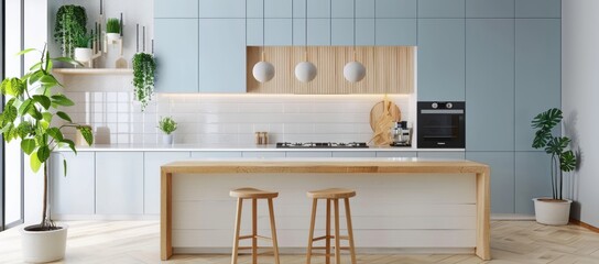 Modern Nordic kitchen interior with white and pastel blue cabinets, light wood accents, and clean lines