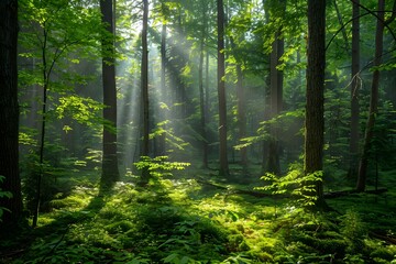 Naklejka premium Sunlight through trees in forest with ferns