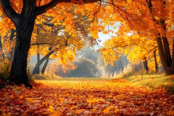 Fototapeta premium Sunny autumn tree with orange leaves
