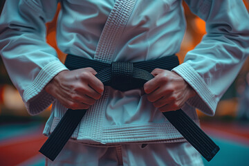 Hands tying black belt, a man dressed in a white kimono