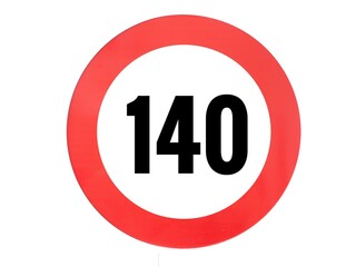 Isolated traffic sign indicating a 140 km/h speed limit. A red circle with the number 140 inside on a white background
