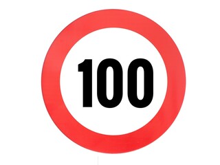 Isolated traffic sign indicating a 100 km/h speed limit. A red circle with the number 100 inside on a white background