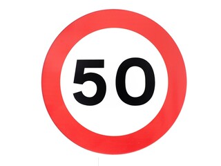 Isolated traffic sign indicating a 50 km/h speed limit. A red circle with the number 50 inside on a white background