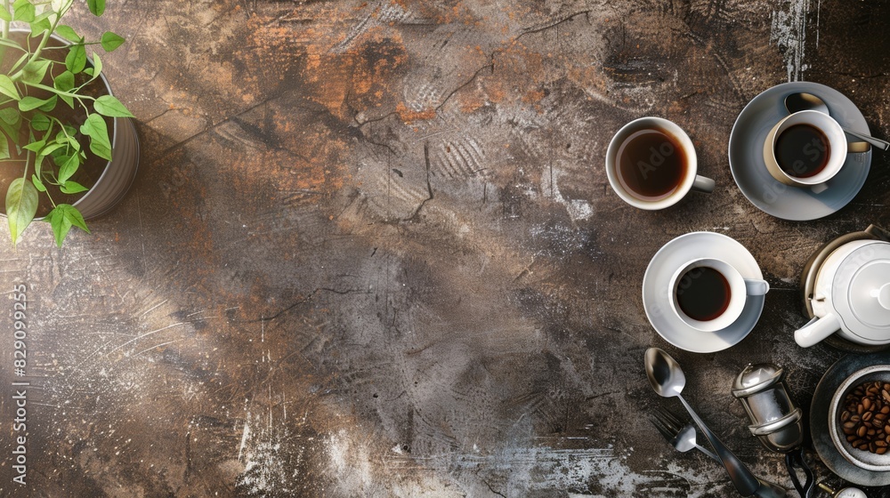 Poster a coffee table adorned with cups of coffee and a potted plant sitting next to each other. generative