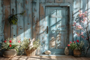 Three flower baskets and a door in a room