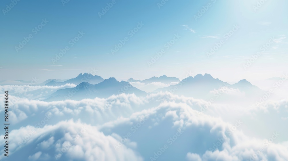 Poster the tops of mountains appearing to be floating in a sea of clouds creating a surreal and otherworldl