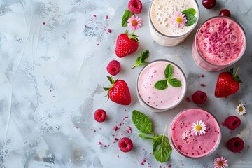 Multiple strawberry and raspberry smoothies on table