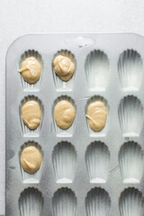 Overhead view of madeleine batter in a greased Madeleine pan, flatlay of lemon vanilla cake batter in a baking pan