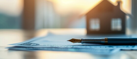 Abstract depiction of a house, dollar signs, and a pen signing a mortgage contract, bright and vibrant colors, minimalistic background, space for text