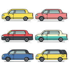 Six colorful cartoon sedans side profile, distinct colors vehicles illustration, isolated white background. Simple flat design, various color cars collection, side view motor vehicles, yellow pink