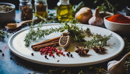 herbs and spices arranged on a white plate, food, decoration, cooking, kitchen, aromatherapy
