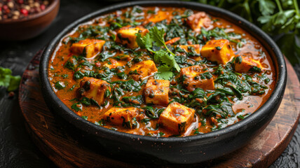 Fototapeta premium Palak Paneer indian traditional food with cheese and spinach on black background, view from above,generative ai