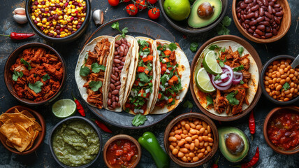 Fototapeta premium Overhead shot of a dinner table with Mexican food and hands. Tacos, beans, carnitas, habanero, salsa,generative ai
