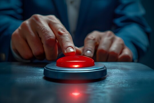 Person activates red button under red light on table
