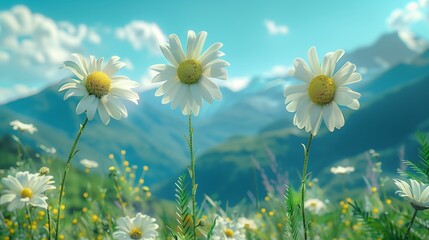 Nature photography, background, three small daisies with simple background of blue sky and green mountains, serene and peaceful.