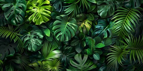 Nature photography, background, lush green jungle wall with vibrant tropical leaves, detailed and fresh greenery.