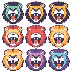 Nine cute cartoon lions various expressions colorful mane vibrant isolated, lion sports different colors expressions ranging smiling roaring. Cartoon style perfect childrens content, apparel