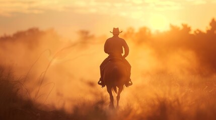 A mysterious figure in a cowboy hat riding into the hazy dawn on a dusty trail.